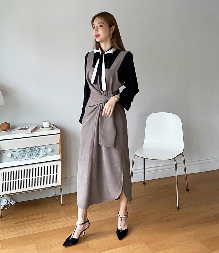ツイストリボンスリーブレスワンピース・全3色・t00314 レディース 【ops】ワンピ—ス ロング丈 ロングワンピース スリーブレス ノースリーブ レイヤード 単色 シンプル カジュアル 秋 冬 韓国ファッション ハイホリHIHOLLI