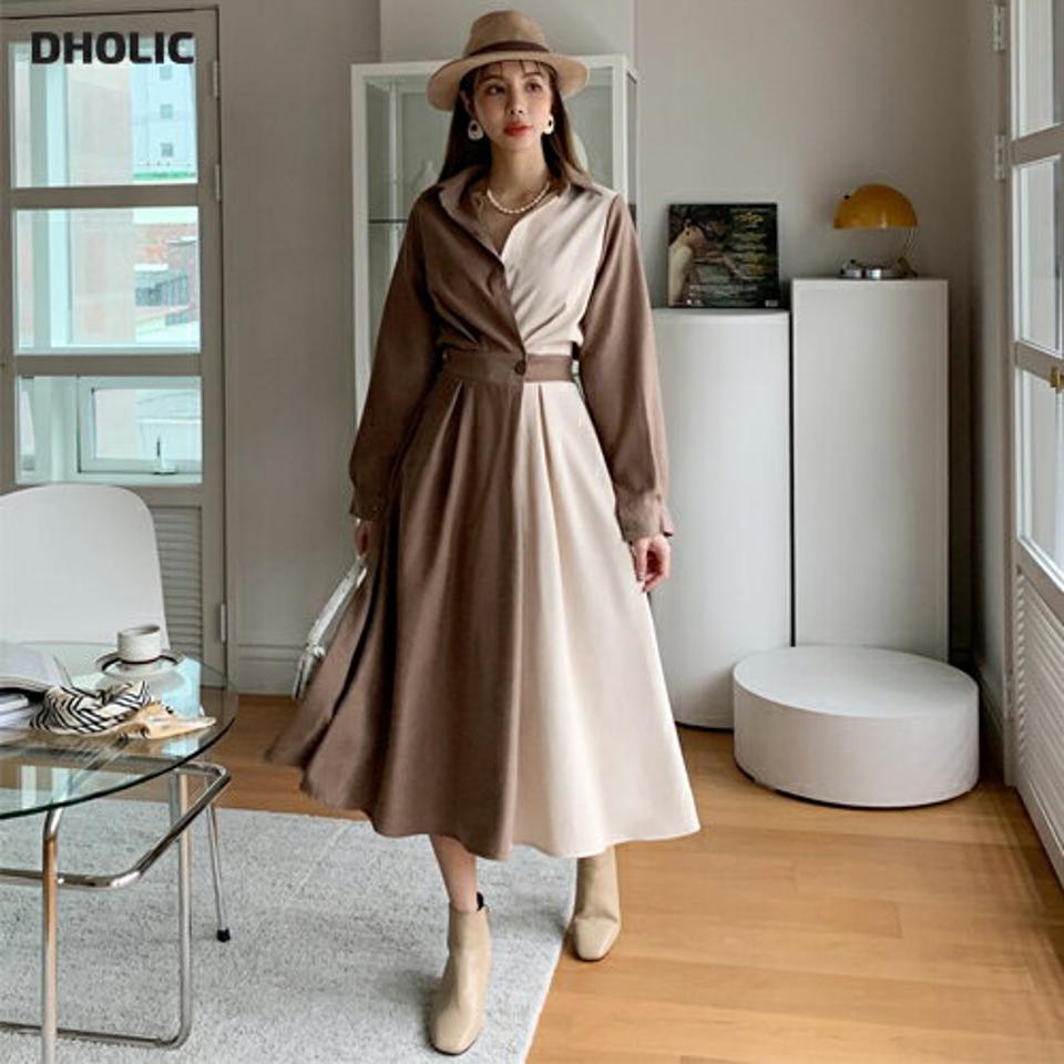 バイカラーラップ風シャツワンピース・全2色・b00317 レディース 【ops】ワンピース ロング丈 ロングワンピース ラップ風 シャツワンピース 長袖 バイカラー 配色 コントラスト きれいめ 大人 秋 冬 韓国ファッション ハイホリHIHOLLI