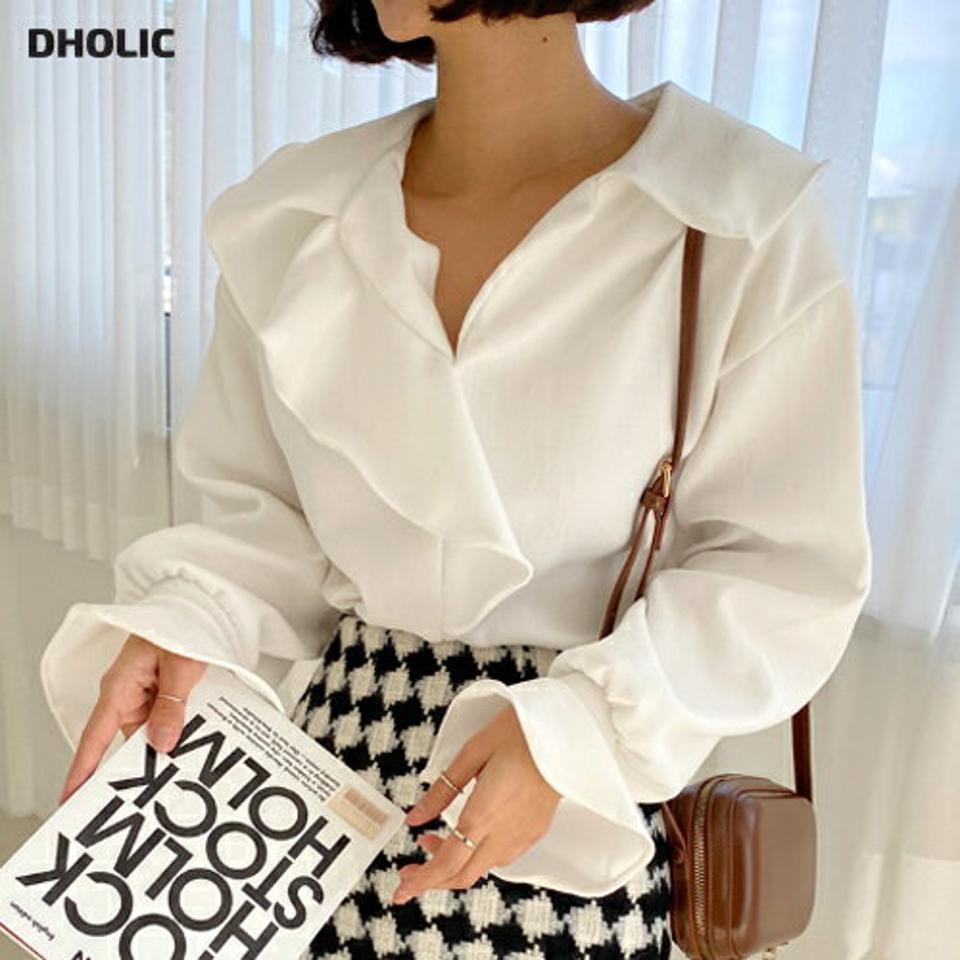 Vネックフリルブラウス・全4色・t65573 レディース 【bl】韓国ファッション トップス ブラウス 長袖 Vネック フリル スリット アンバランス丈 無地 シンプル 体型カバー ガーリー カジュアル フェミニン 秋 冬