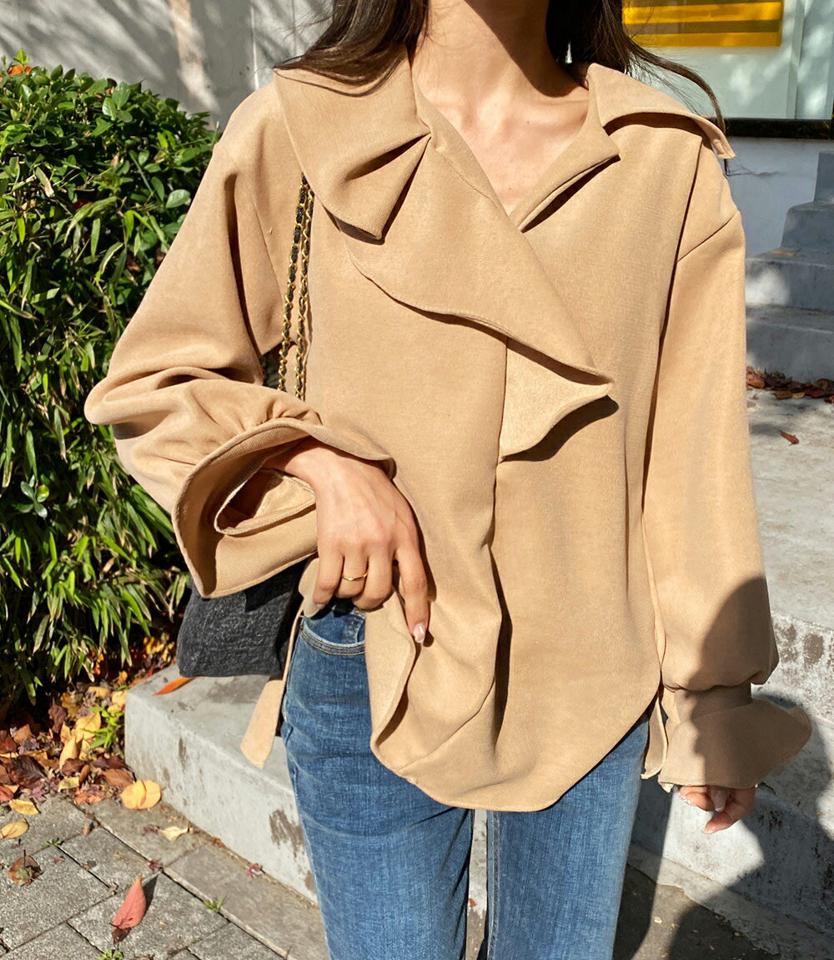 Vネックフリルブラウス・全4色・t65573 レディース 【bl】韓国ファッション トップス ブラウス 長袖 Vネック フリル スリット アンバランス丈 無地 シンプル 体型カバー ガーリー カジュアル フェミニン 秋 冬