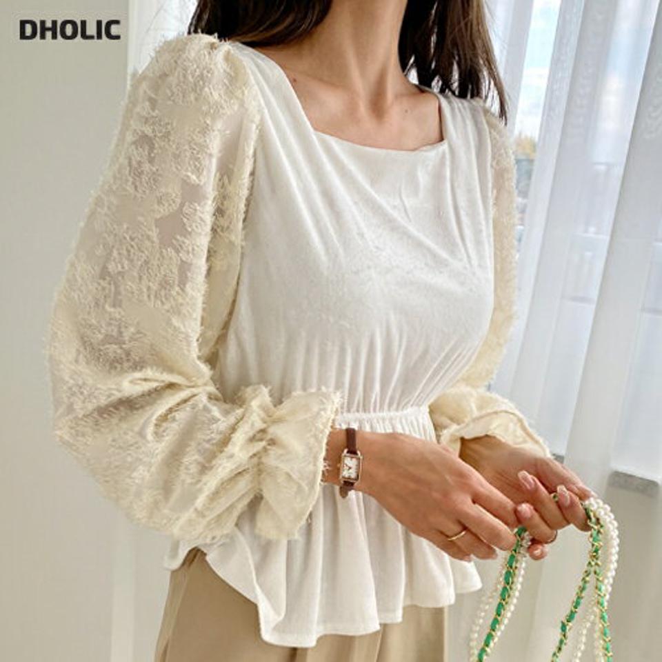 ベロアテクスチャースリーブブラウス・全2色・t65517 レディース 【bl】韓国ファッション トップス ブラウス 長袖 スクエアネック ベロア テクスチャースリー フェザー調 シンプル スリム 体型カバー ガーリー カジュアル フェミニン 秋 冬