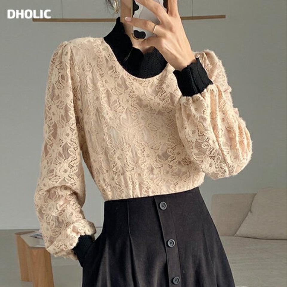 ハーフネックレースブラウス・全3色・b65571 レディース 【bl】韓国ファッション トップス ブラウス 長袖 ハーフネック レース 花柄 フローラル スカラップ シンプル ガーリー フェミニン オケージョン 結婚式 モックネック お呼ばれ 秋 冬