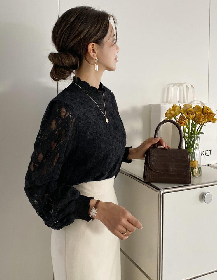 ハーフネックレースブラウス・全3色・b65571 レディース 【bl】韓国ファッション トップス ブラウス 長袖 ハーフネック レース 花柄 フローラル スカラップ シンプル ガーリー フェミニン オケージョン 結婚式 モックネック お呼ばれ 秋 冬