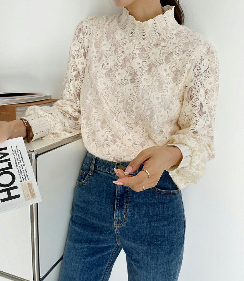 ハーフネックレースブラウス・全3色・b65571 レディース 【bl】韓国ファッション トップス ブラウス 長袖 ハーフネック レース 花柄 フローラル スカラップ シンプル ガーリー フェミニン オケージョン 結婚式 モックネック お呼ばれ 秋 冬