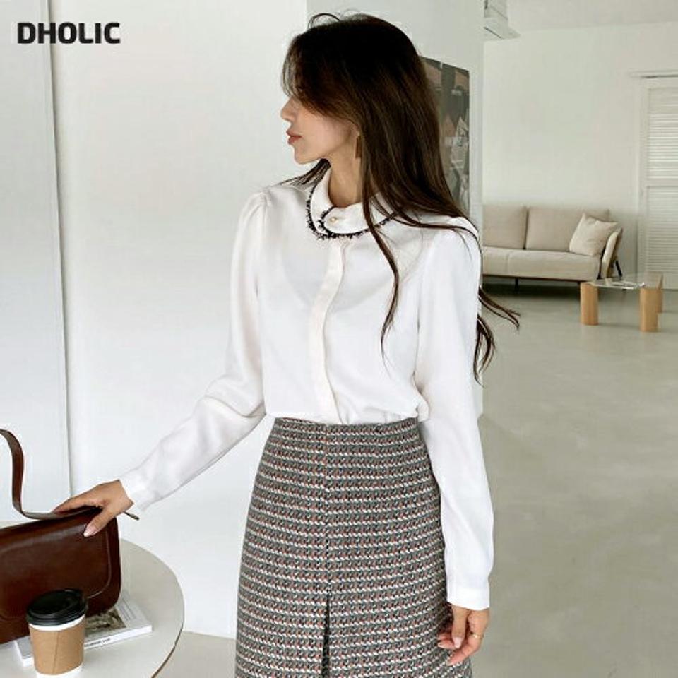 【10%OFF】ツイードカラーカフスブラウス・全2色・b65528 レディース 【bl】韓国ファッション トップス ブラウス 長袖 カラーネック ツイードカラー カフス フェイクパール ボタン ギャザー シンプル 体型カバー ガーリー カジュアル フェミニン 秋 冬【tweedセール】