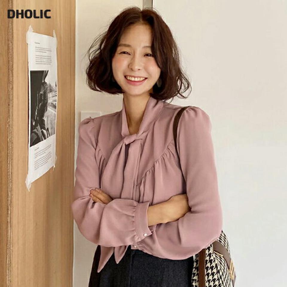 フェイクパールリボンブラウス・全3色・t65788 レディース 【bl】韓国ファッション トップス ブラウス 長袖 ハーフネック フェイクパール リボン 襟コン ギャザー 無地 シンプル 体型カバー ガーリー カジュアル フェミニン 秋 冬