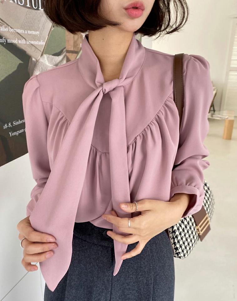 フェイクパールリボンブラウス・全3色・t65788 レディース 【bl】韓国ファッション トップス ブラウス 長袖 ハーフネック フェイクパール リボン 襟コン ギャザー 無地 シンプル 体型カバー ガーリー カジュアル フェミニン 秋 冬