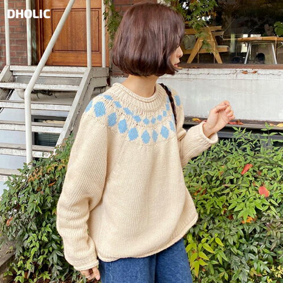 ダイヤパターンラグランニット・全2色・b65530 レディース 【tops】韓国ファッション トップス ニット 年上 大人 長袖 ラウンドネック ダイヤパターン ラグラン 柄ニット ウール混 シンプル ルーズ フェミニン カジュアル 秋 冬