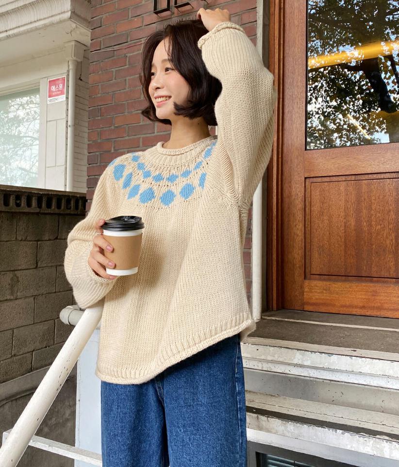 ダイヤパターンラグランニット・全2色・b65530 レディース 【tops】韓国ファッション トップス ニット 年上 大人 長袖 ラウンドネック ダイヤパターン ラグラン 柄ニット ウール混 シンプル ルーズ フェミニン カジュアル 秋 冬