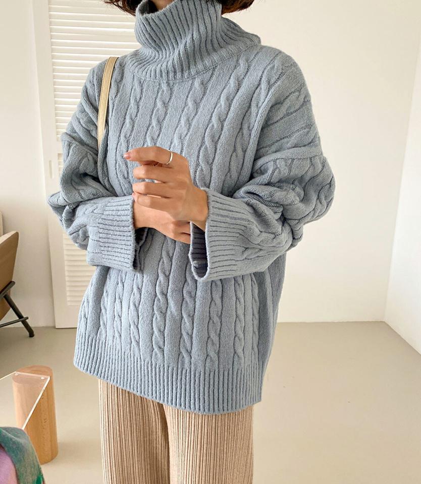 【只今10%OFF】ケーブルハイネックニット・全4色・t65518 レディース 【tops】韓国ファッション トップス ニット 大人 長袖 ハイネック ケーブル編み シンプル リブ ルーズ カラーニット ゆったり 体型カバー フェミニン カジュアル 秋 冬【ニットセール】