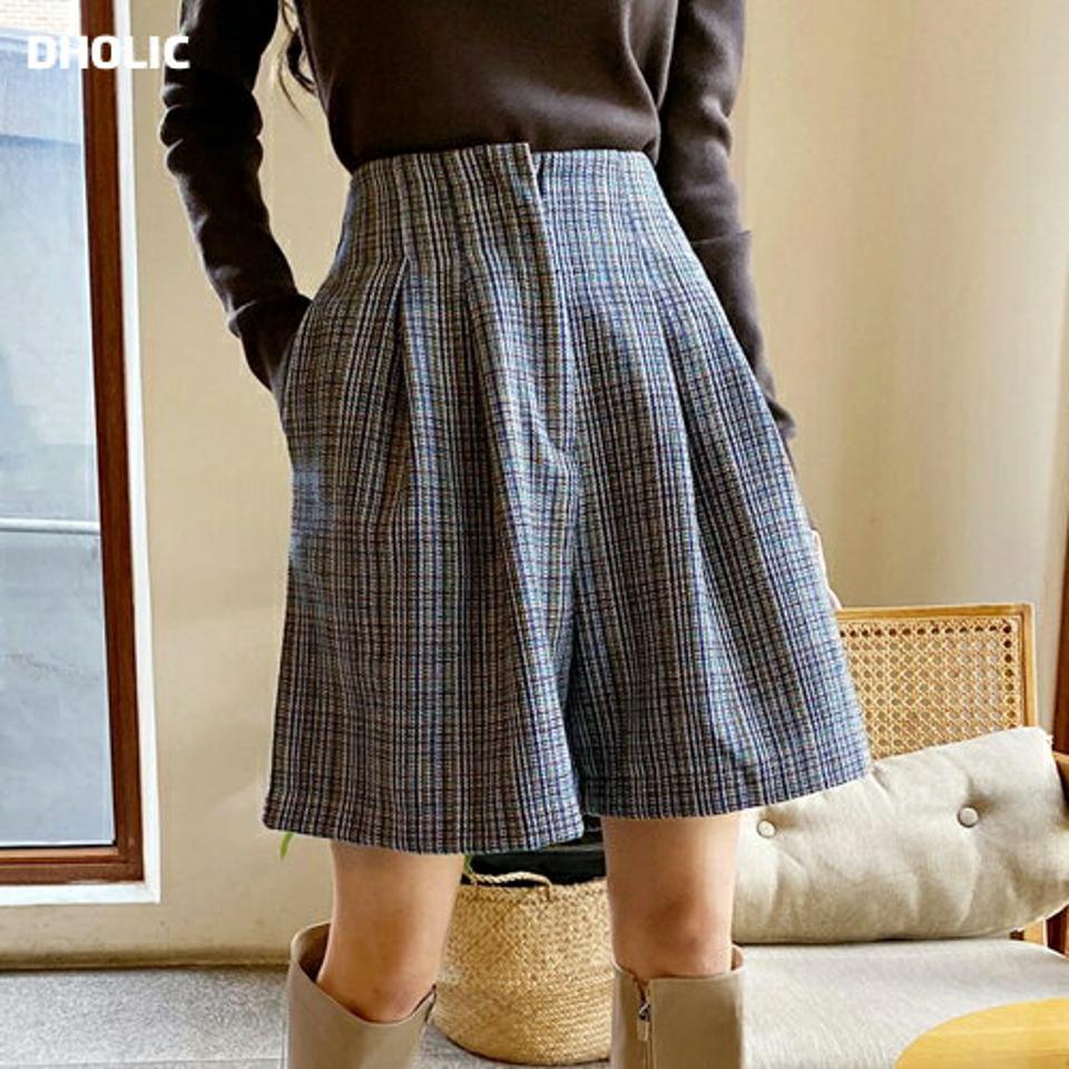 チェックハイウエストハーフパンツ・全2色・t65511 レディース 【pt】韓国ファッション ボトムス ハーフ ハーフパンツ チェック ハイウエスト ハーフ丈 Aライン ツータック シンプル ポケット 体型カバー 足長 美脚 フェミニン カジュアル 秋 冬
