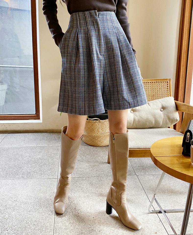 チェックハイウエストハーフパンツ・全2色・t65511 レディース 【pt】韓国ファッション ボトムス ハーフ ハーフパンツ チェック ハイウエスト ハーフ丈 Aライン ツータック シンプル ポケット 体型カバー 足長 美脚 フェミニン カジュアル 秋 冬