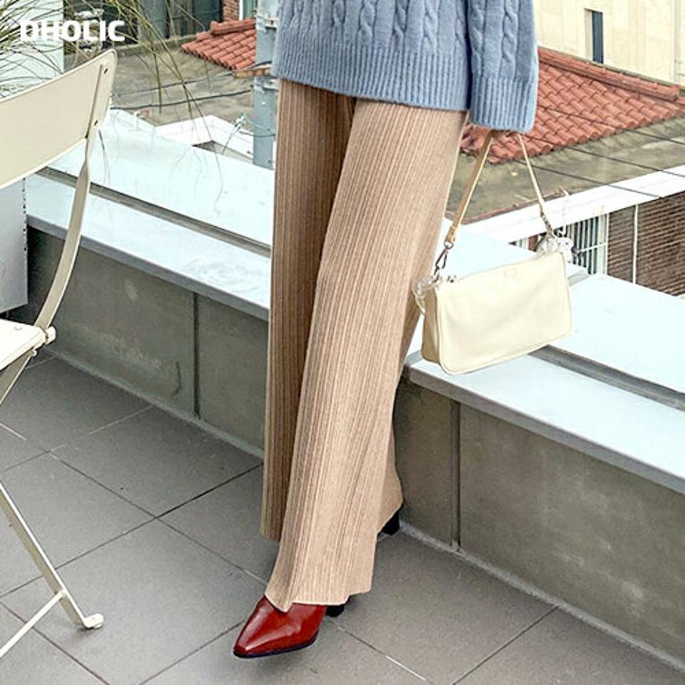 リボンワイドリブニットパンツ・全3色・b65513 レディース 【pt】韓国ファッション ボトムス ロング ロングパンツ リボン ワイド リブ ニットパンツ ロング丈 ハイウエスト ストレート シンプル 体型カバー 脚長 秋 冬