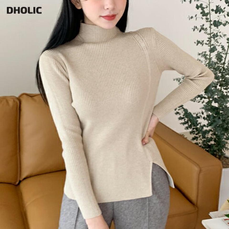 【マラソン特価】ハイネックショルダーボタンニット・全5色・b01369 レディース 【tops】韓国ファッション トップス ニット 長袖 ハイネック ショルダー スリット リブ スリム ボタン フェミニン 無地 シンプル デイリー ガーリー 秋 冬 NIJU 年上 セール