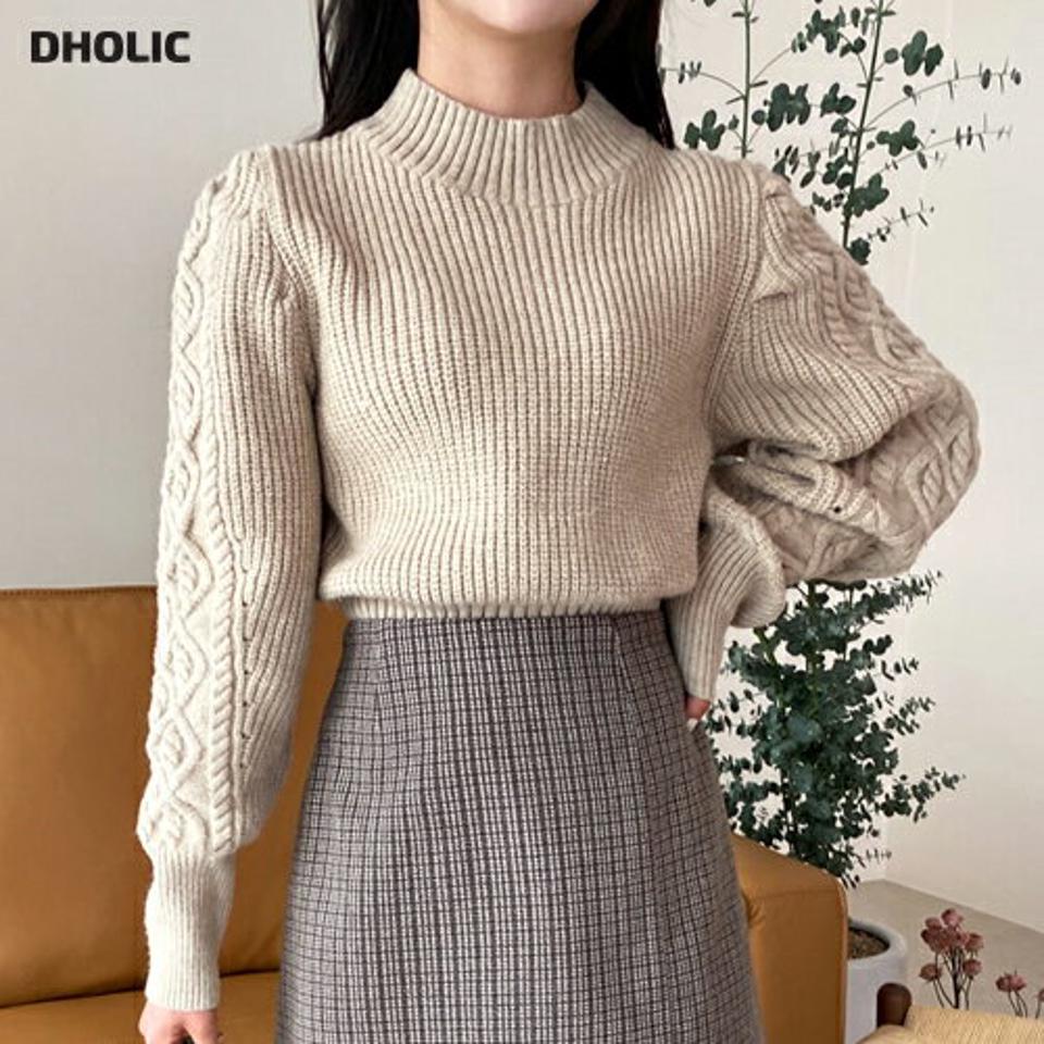 【只今10%OFF】ケーブルスリーブクロップドニット・全2色・b01370 レディース 【tops】韓国ファッション トップス ニット 長袖 ハーフネック ケーブル編み スリーブ クロップド丈 体型カバー フェミニン 無地 シンプル デイリー ガーリー 秋 冬 NIJU【ニットセール】
