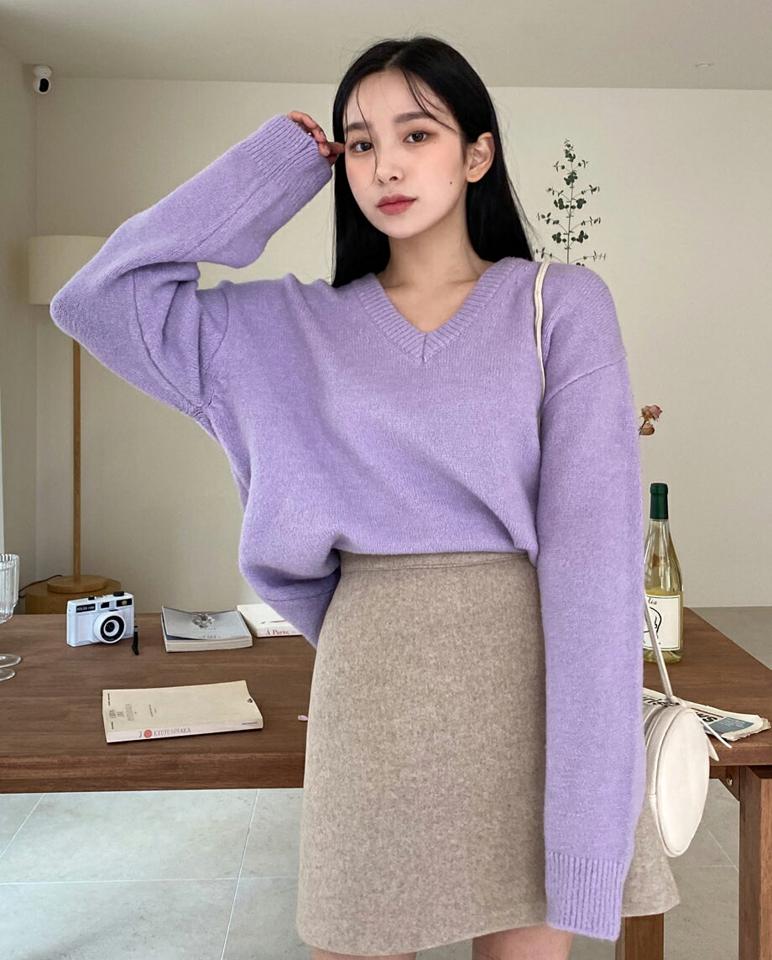 Vネックスパークルニット・全5色・t01372 レディース 【tops】韓国ファッション トップス ニット 長袖 Vネック スパークル加工 カラーニット ドロップショルダー 体型カバー フェミニン 無地 ベーシック シンプル デイリー ガーリー 秋 冬 NIJU