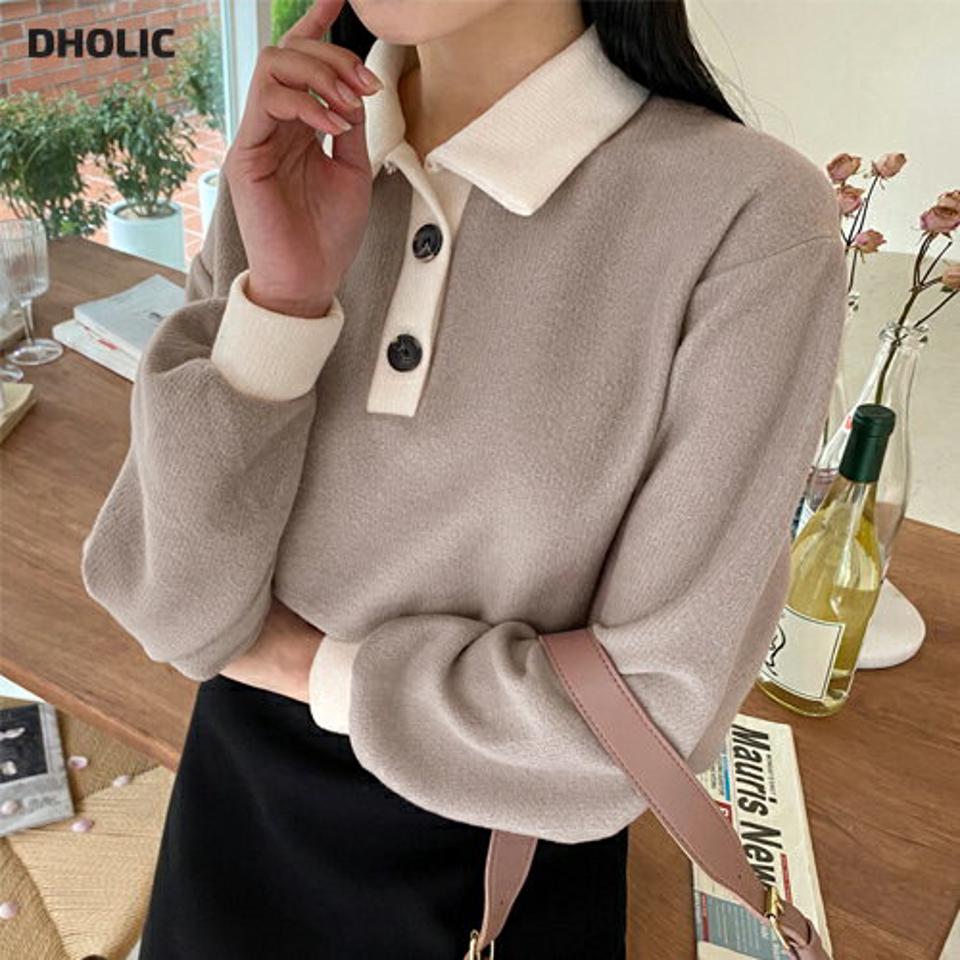 配色ポロカラーニット・全4色・t01373 レディース 【tops】韓国ファッション トップス ニット 長袖 カラーネック 配色 ポロ襟 体型カバー ドロップショルダー ルーズ フェミニン メリハリ シンプル デイリー ガーリー 秋 冬 NIJU