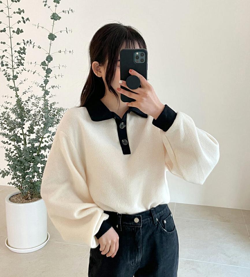 配色ポロカラーニット・全4色・t01373 レディース 【tops】韓国ファッション トップス ニット 長袖 カラーネック 配色 ポロ襟 体型カバー ドロップショルダー ルーズ フェミニン メリハリ シンプル デイリー ガーリー 秋 冬 NIJU