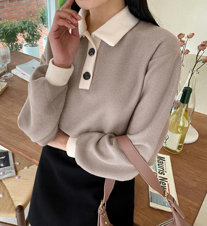 配色ポロカラーニット・全4色・t01373 レディース 【tops】韓国ファッション トップス ニット 長袖 カラーネック 配色 ポロ襟 体型カバー ドロップショルダー ルーズ フェミニン メリハリ シンプル デイリー ガーリー 秋 冬 NIJU
