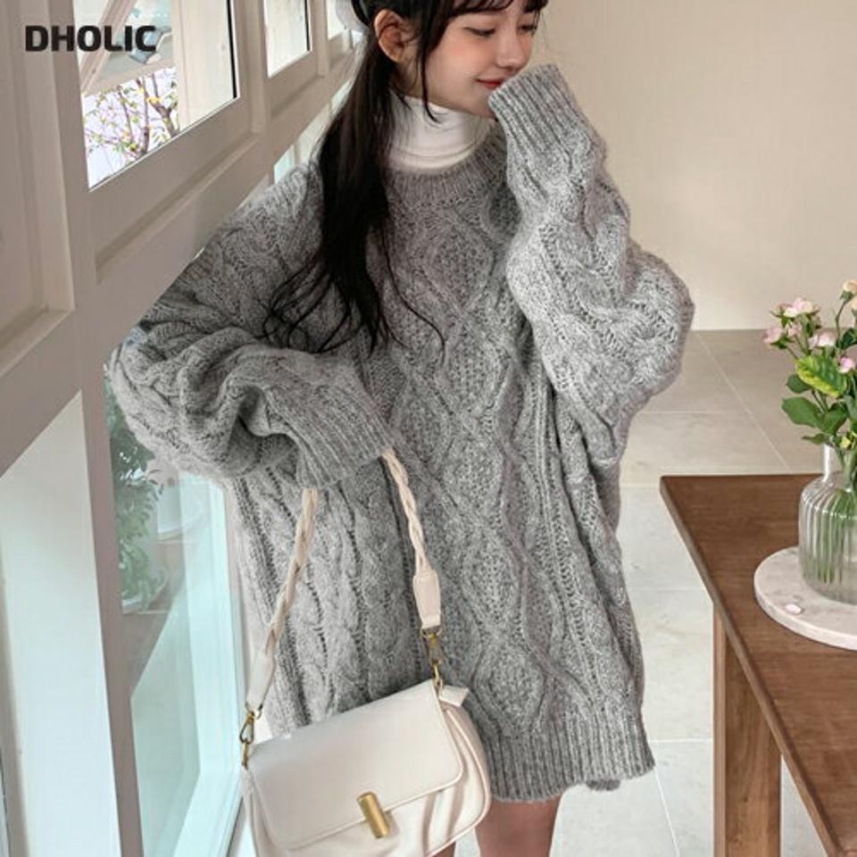 ツイストロングニット・全4色・t01374 レディース 【tops】韓国ファッション トップス ニット 長袖 ラウンドネック ツイスト編み ロングニット ロング丈 ルーズ 体型カバー フェミニン シンプル デイリー ガーリー 秋 冬 NIJU