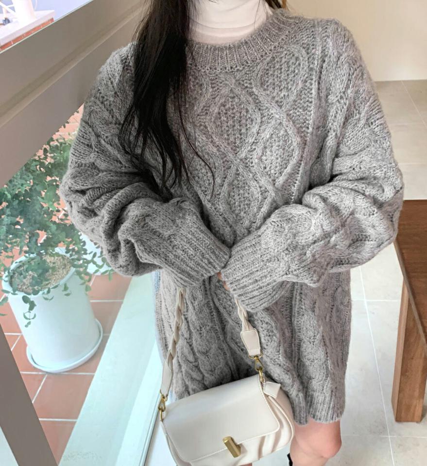ツイストロングニット・全4色・t01374 レディース 【tops】韓国ファッション トップス ニット 長袖 ラウンドネック ツイスト編み ロングニット ロング丈 ルーズ 体型カバー フェミニン シンプル デイリー ガーリー 秋 冬 NIJU