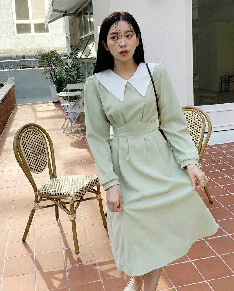 配色カラーピンタックワンピース・全4色・t01377 レディース 【ops】韓国ファッション ワンピース ミディ ミディワンピース 長袖 カラーネック 配色カラー ピンタック Aライン ミディ丈 リボン シンプル 体型カバー カジュアル 秋 冬 NIJU