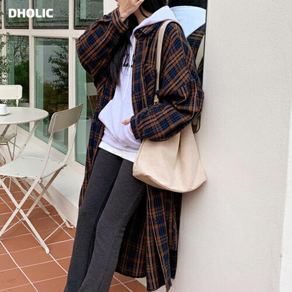 チェックパッチポケットロングシャツ・全4色・t01378 レディース 【bl】韓国ファッション トップス シャツ 長袖 カラーネック チェック パッチ ポケット ウール混 ロングシャツ アンバランス ルーズ カジュアル 体型カバー シンプル 秋 冬 NIJU