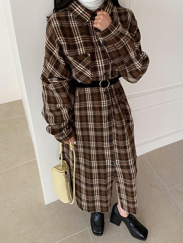 チェックパッチポケットロングシャツ・全4色・t01378 レディース 【bl】韓国ファッション トップス シャツ 長袖 カラーネック チェック パッチ ポケット ウール混 ロングシャツ アンバランス ルーズ カジュアル 体型カバー シンプル 秋 冬 NIJU