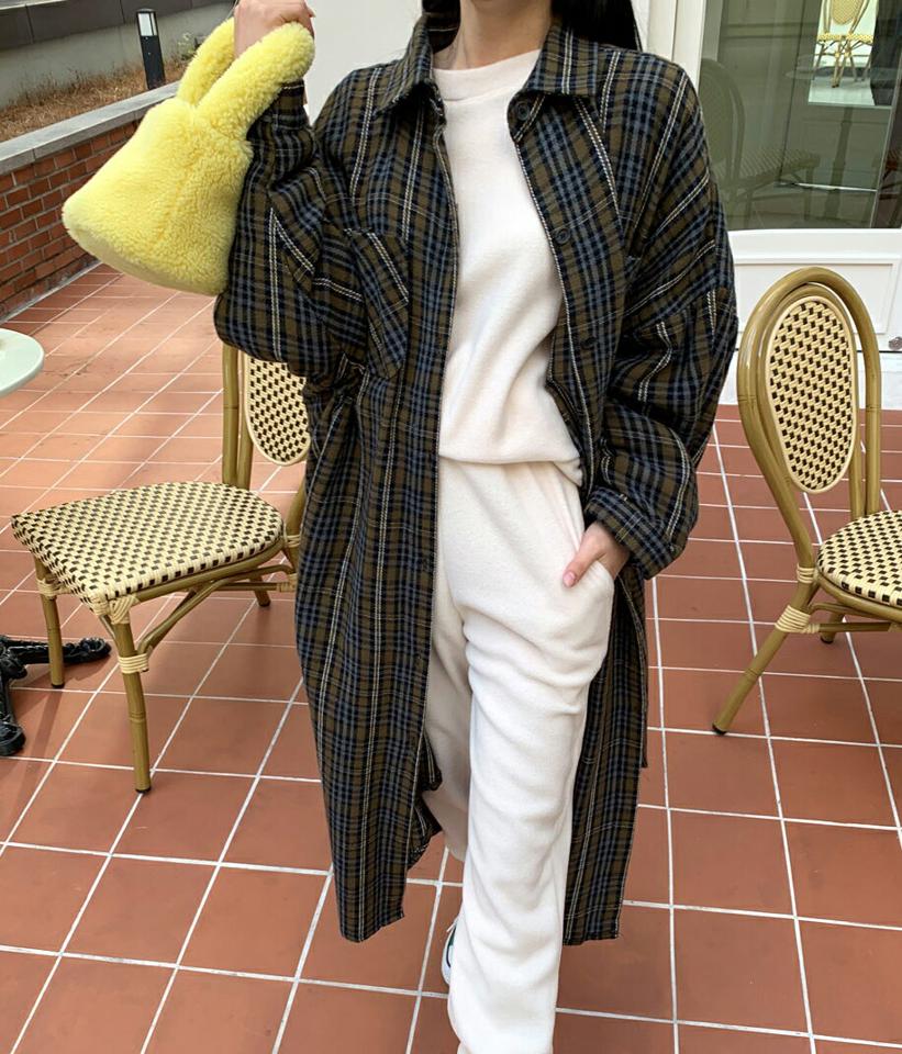 チェックパッチポケットロングシャツ・全4色・t01378 レディース 【bl】韓国ファッション トップス シャツ 長袖 カラーネック チェック パッチ ポケット ウール混 ロングシャツ アンバランス ルーズ カジュアル 体型カバー シンプル 秋 冬 NIJU