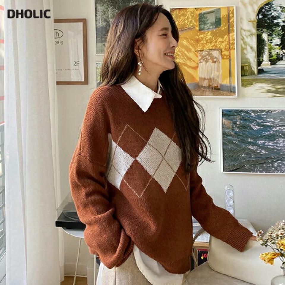 【只今10%OFF】ラウンドネックアーガイルニット・全3色・b66203 レディース 【tops】韓国ファッション トップス ニット 大人 長袖 ラウンドネック アーガイルパターン 柄ニット シンプル ルーズ 体型カバー フェミニン カジュアル 秋 冬【ニットセール】