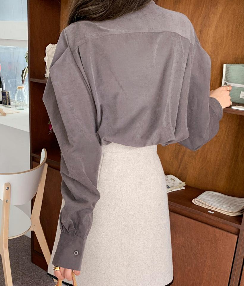 ボウタイパフブラウス・全3色・t66211 レディース 【bl】韓国ファッション トップス ブラウス 長袖 ラウンドネック ボウタイ パフ シンプル 無地 襟コン シンプル ボタン ルーズ 体型カバー ガーリー カジュアル フェミニン 秋 冬