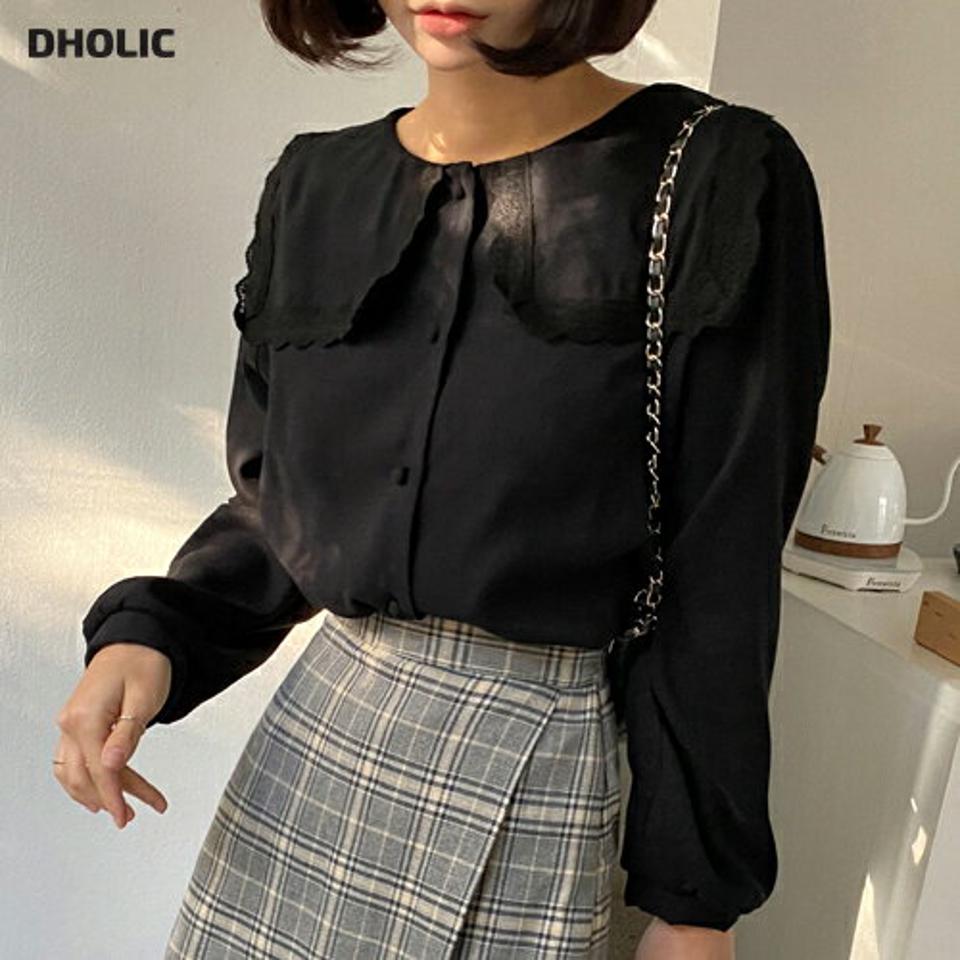 レースビッグカラーブラウス・全2色・t66213 レディース 【bl】韓国ファッション トップス ブラウス 長袖 ラウンドネック レース ビッグカラー ボタン 無地 シンプル 体型カバー ガーリー カジュアル フェミニン 秋 冬