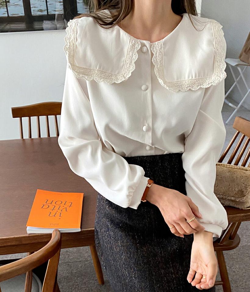レースビッグカラーブラウス・全2色・t66213 レディース 【bl】韓国ファッション トップス ブラウス 長袖 ラウンドネック レース ビッグカラー ボタン 無地 シンプル 体型カバー ガーリー カジュアル フェミニン 秋 冬