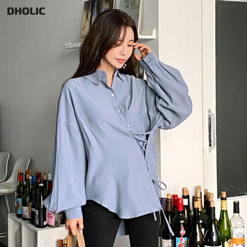 ストラップ付レースアップシャツ・全4色・t66214 レディース 【bl】韓国ファッション トップス シャツ 長袖 カラーネック ストラップ付 レースアップ スリット ボタン 無地 カジュアル ルーズ 体型カバー ガーリー 秋 冬