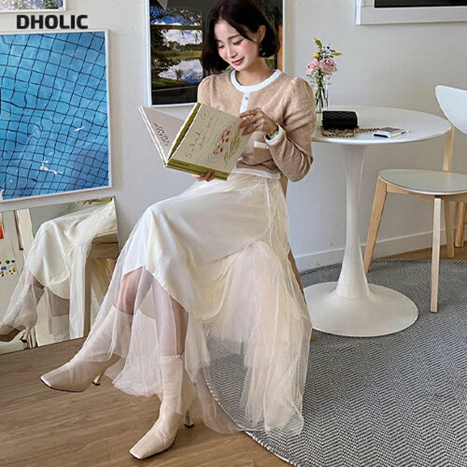 配色Tシャツ&チュールワンピースSET・全2色・t66220 レディース 【ops】韓国ファッション ワンピース ロング ロングワンピース キャミタイプ Tシャツ セット 長袖 配色 チュール パール調 ボタン ロング丈 シンプル 体型カバー フェミニン 秋 冬