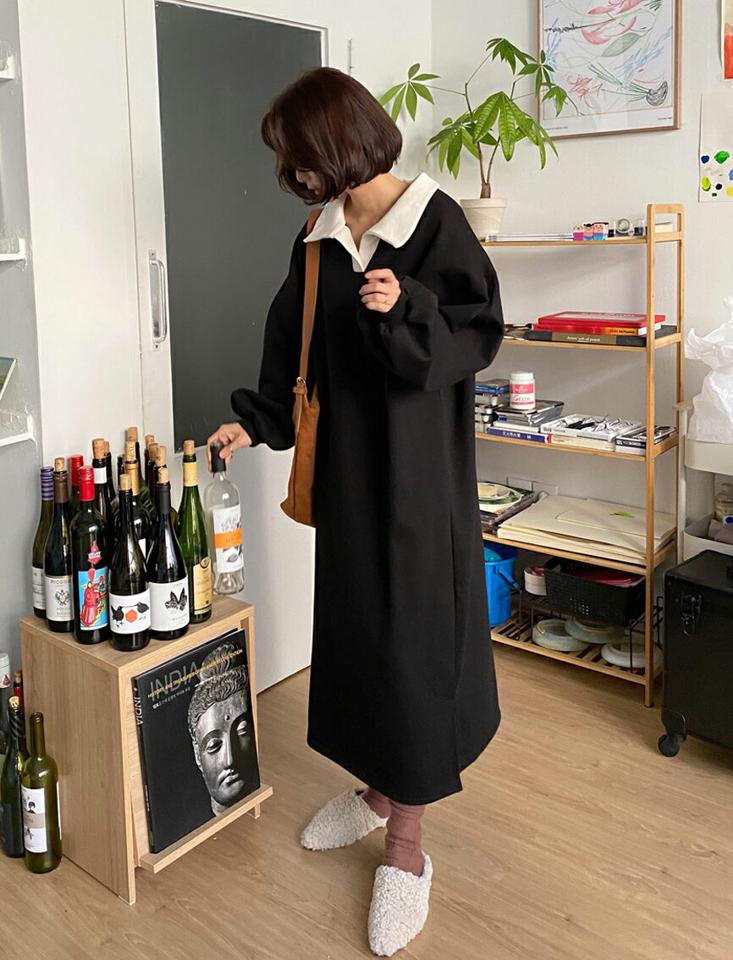 裏起毛配色カラーロングワンピース・全2色・t66221 レディース 【ops】韓国ファッション ワンピース ロング ロングワンピース 長袖 裏起毛 配色カラー ストレート スリット ポロ襟 ワンマイルウェア シンプル 体型カバー フェミニン 秋 冬