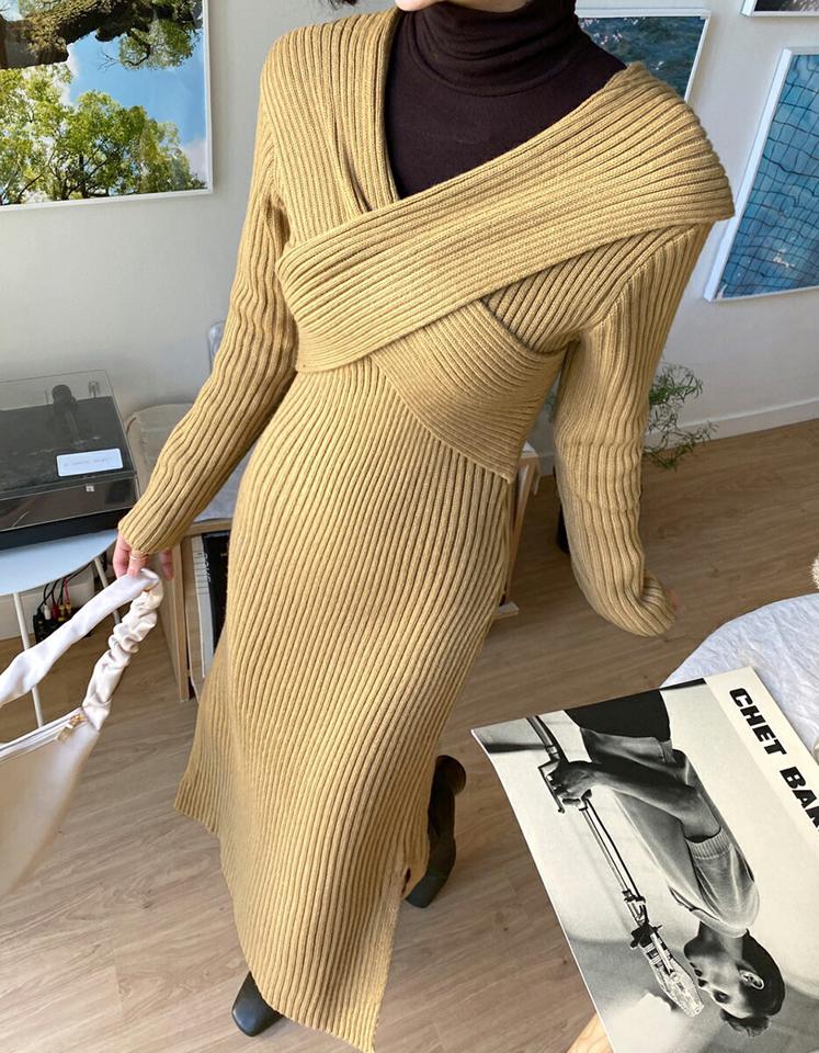 クロスリブニットワンピース・全3色・t66217 レディース 【ops】韓国ファッション ワンピース ロング ロングワンピース 長袖 クロスリブ ニットワンピース ウール混 ロング丈 シンプル スリム スリット 体型カバー カジュアル 秋 冬