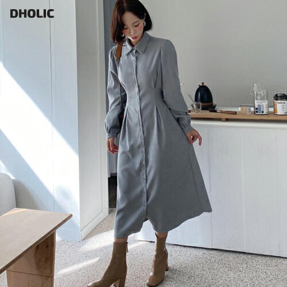 ウエストタックシャツワンピース・全4色・t66218 レディース 【ops】韓国ファッション ワンピース ロング ロングワンピース 長袖 カラーネック ウエストタック シャツワンピース ロング丈 無地 シンプル スリム 体型カバー フェミニン 秋 冬
