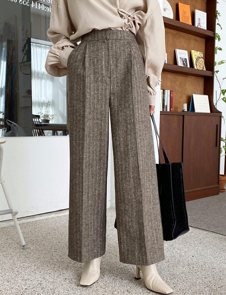 ヘリンボーンワイドスラックスパンツ・全3色・b66229 レディース 【pt】韓国ファッション ボトムス ロング ロングパンツ スラックスパンツ スラックス ヘリンボーン ワイド ウール混 ロング丈 シンプル 秋 冬
