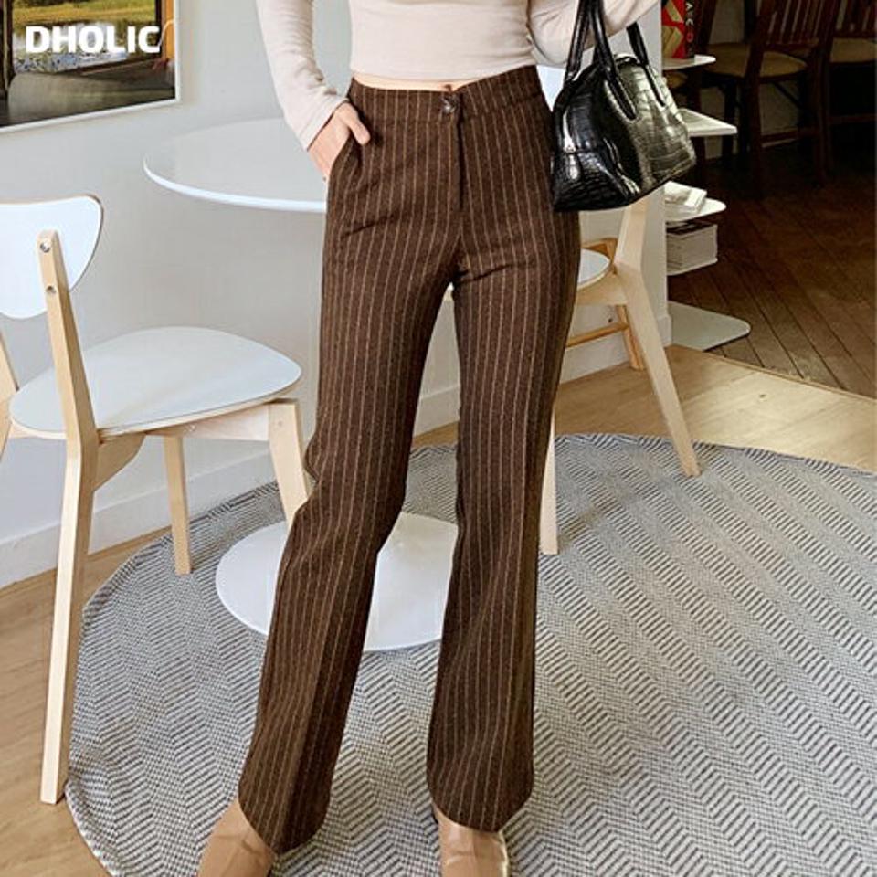ストライプフレアスラックスパンツ・全3色・b66230 レディース 【pt】韓国ファッション ボトムス ロング ロングパンツ スラックスパンツ スラックス ストライプ ブーツカット スリム フレア ウール混 ロング丈 シンプル 体型カバー 秋 冬