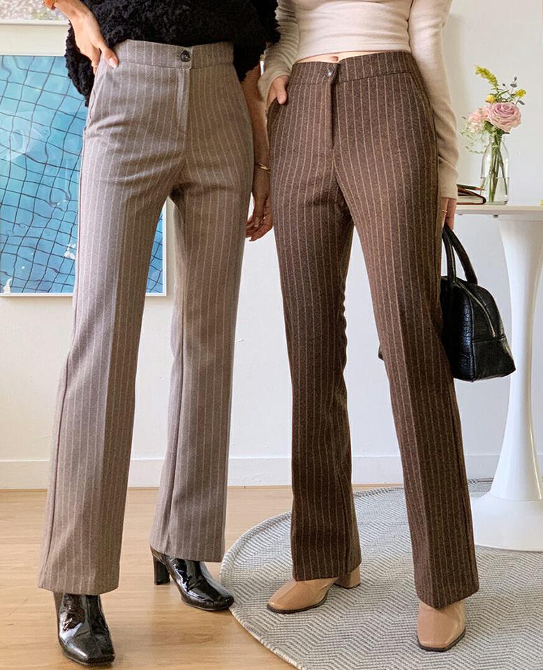 ストライプフレアスラックスパンツ・全3色・b66230 レディース 【pt】韓国ファッション ボトムス ロング ロングパンツ スラックスパンツ スラックス ストライプ ブーツカット スリム フレア ウール混 ロング丈 シンプル 体型カバー 秋 冬