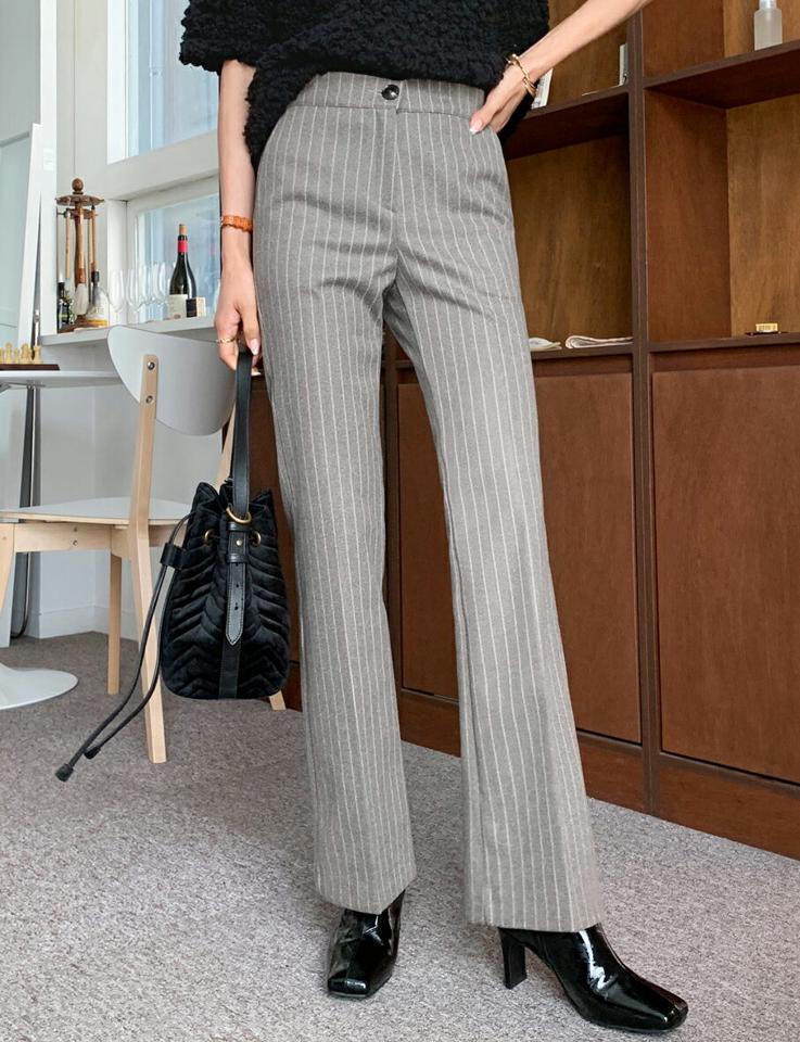 ストライプフレアスラックスパンツ・全3色・b66230 レディース 【pt】韓国ファッション ボトムス ロング ロングパンツ スラックスパンツ スラックス ストライプ ブーツカット スリム フレア ウール混 ロング丈 シンプル 体型カバー 秋 冬