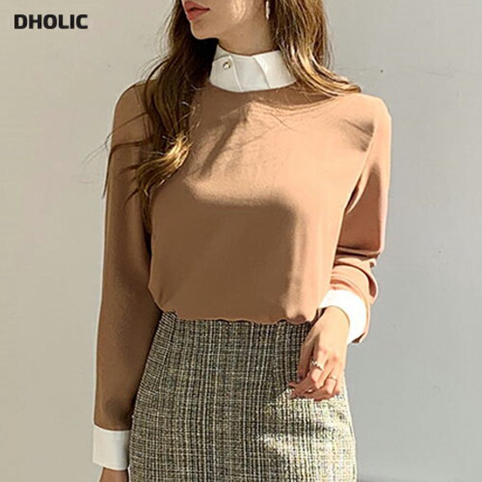 ツイストネックバイカラーブラウス・全3色・t70933 レディース 【bl】トップス ブラウス 長袖 ツイストネック バイカラー シンプル 上品 大人 きれいめ ハーフネック シンプル パール オフィスカジュアル 秋 冬 韓国ファッション ハイホリHIHOLLI