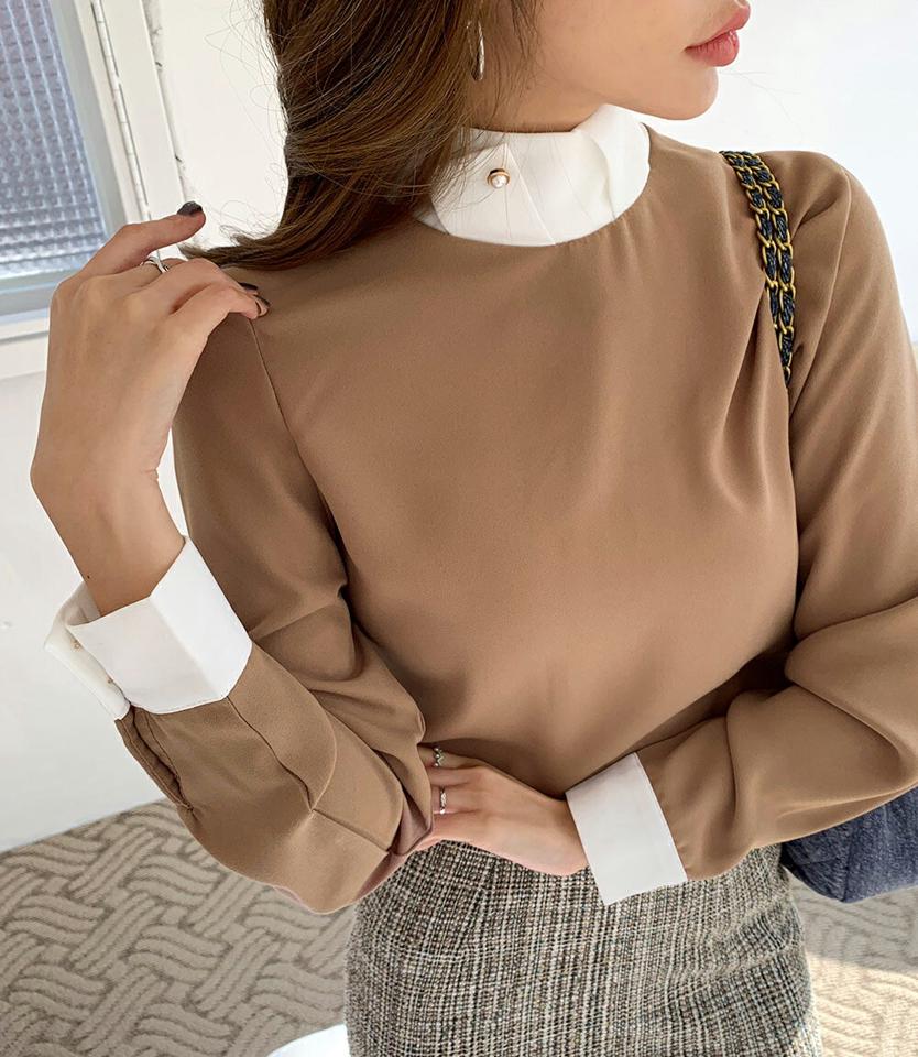 ツイストネックバイカラーブラウス・全3色・t70933 レディース 【bl】トップス ブラウス 長袖 ツイストネック バイカラー シンプル 上品 大人 きれいめ ハーフネック シンプル パール オフィスカジュアル 秋 冬 韓国ファッション ハイホリHIHOLLI