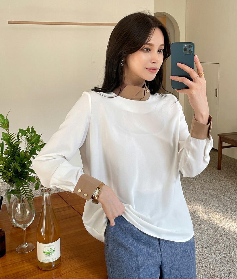 ツイストネックバイカラーブラウス・全3色・t70933 レディース 【bl】トップス ブラウス 長袖 ツイストネック バイカラー シンプル 上品 大人 きれいめ ハーフネック シンプル パール オフィスカジュアル 秋 冬 韓国ファッション ハイホリHIHOLLI