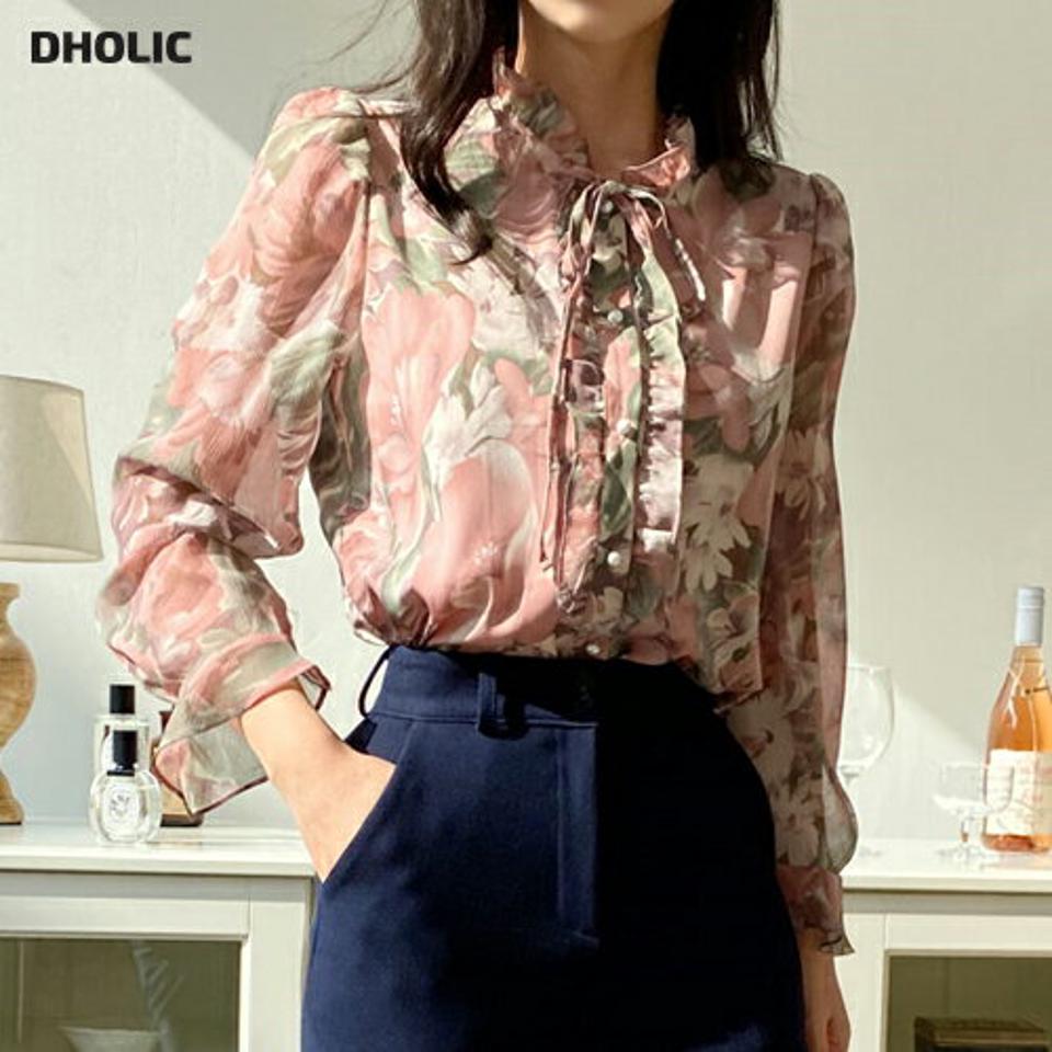 ビンテージ風フラワーリボンブラウス・全3色・t70934 レディース 【bl】トップス ブラウス 長袖 リボン りぼん 花柄 フェミニンン パステル 大人 襟コン 可愛い かわいい パールボタン フリルネック 秋 冬 春 韓国ファッション ハイホリHIHOLLI