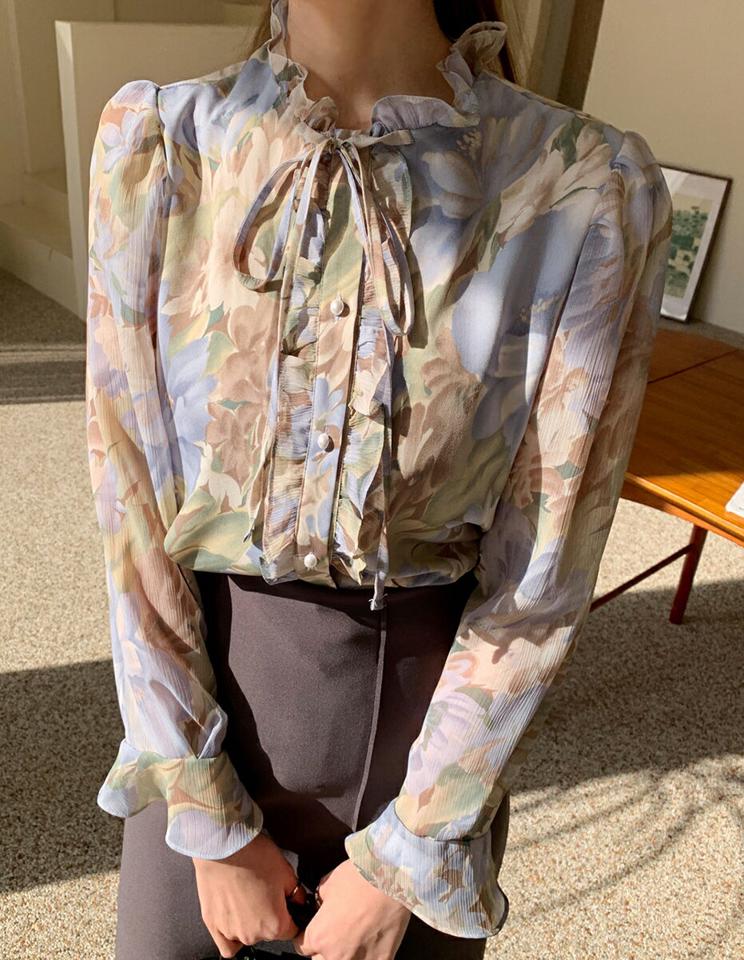 ビンテージ風フラワーリボンブラウス・全3色・t70934 レディース 【bl】トップス ブラウス 長袖 リボン りぼん 花柄 フェミニンン パステル 大人 襟コン 可愛い かわいい パールボタン フリルネック 秋 冬 春 韓国ファッション ハイホリHIHOLLI