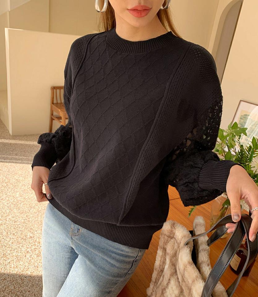 【只今10%OFF】起毛レーススリーブニット・全3色・b70937 レディース 【tops】トップス ニット 長袖 レース 起毛 フェミニン かわいい 可愛い パステル 透け感 シアー 大人 ニットトップス カラーニット 秋 冬 韓国ファッション ハイホリHIHOLLI【ニットセール】