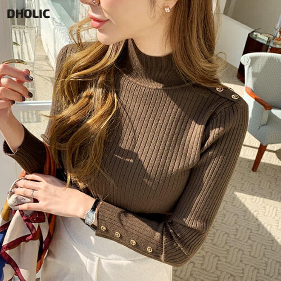 ハーフネックボタンリブニット・全4色・b70938 レディース 【tops】トップス ニット 長袖 ハーフネック フェイクボタン スリム シンプル 大人 上品 きれいめ かっこい 秋 冬 韓国ファッション ハイホリHIHOLLI