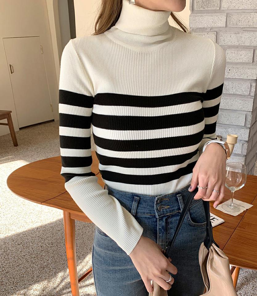 【只今10%OFF】タートルネックボーダーリブニット・全3色・b70940 レディース 【tops】トップス ニット 長袖 ボーダー柄 タートルネック ハイネック リブニット カジュアル スリム ワイドボーダー 大人 秋 冬 韓国ファッション ハイホリHIHOLLI【ニットセール】